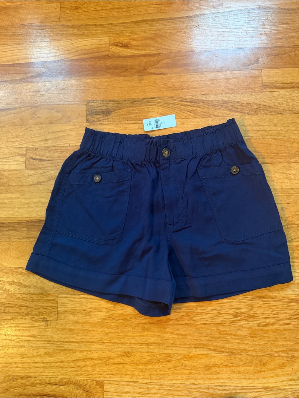 LOFT Navy High-Waist Elastic Short with Button Pockets